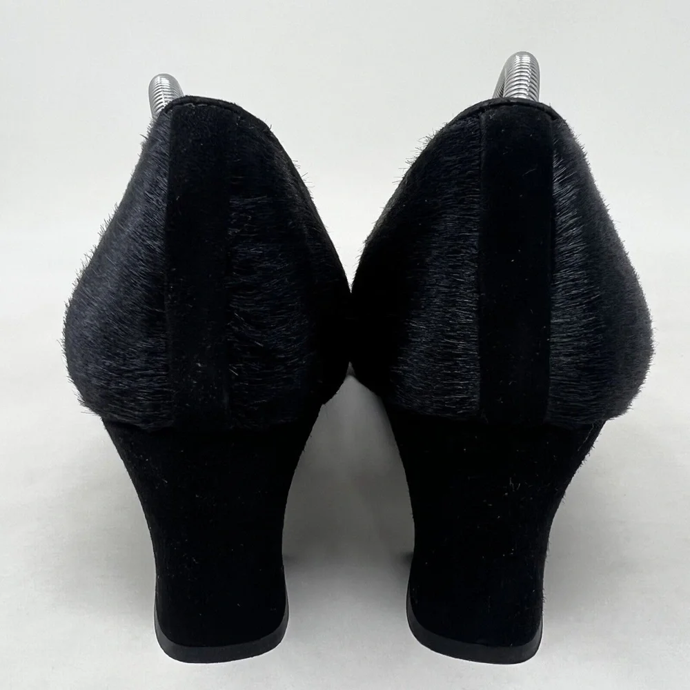 Womens Stuart Weitzman Fur Pumps 9 C Vintage Black Leather Heels Shoes